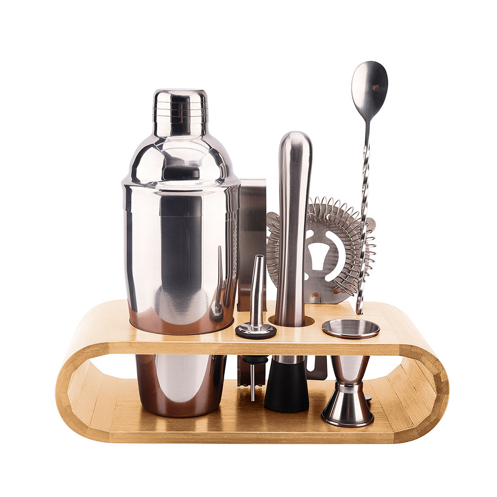 Coffret de cocktail en acier argenté et bambou
