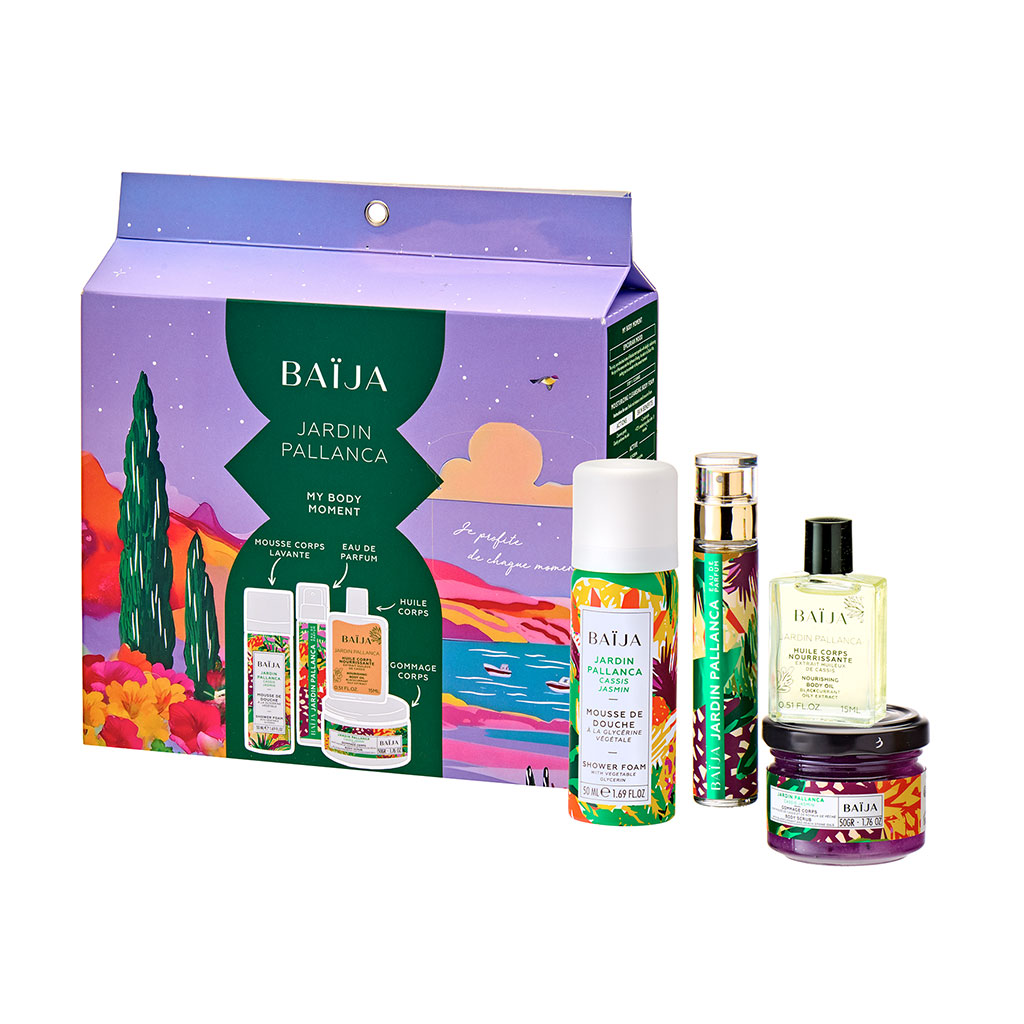 Coffret mousse de douche, gommage, huile de corps et eau de parfum Cassis - Jardin Pallanca
