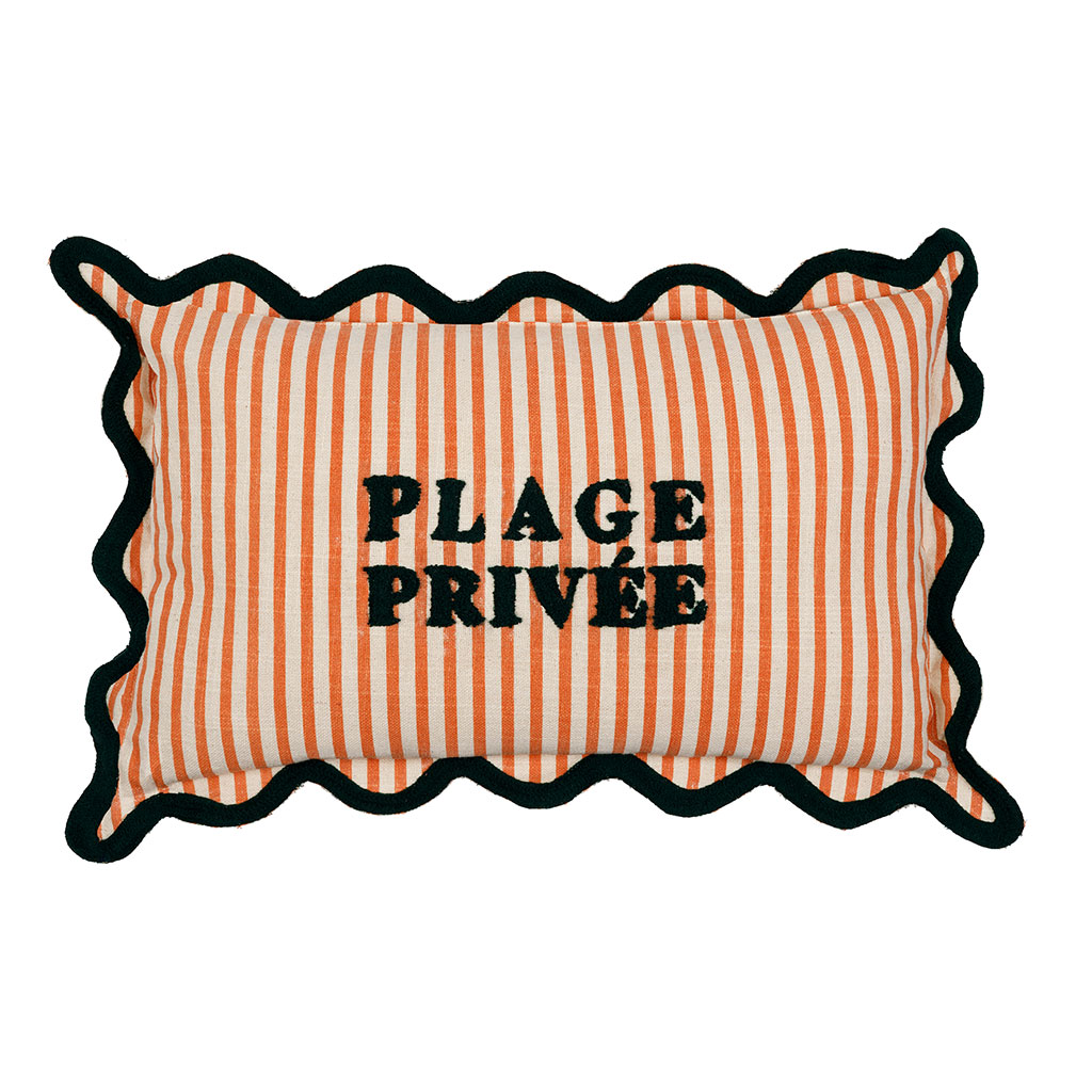 Coussin en coton brodé "place privé" rayé corail et émeraude 50x30cm - Plouf&Sun