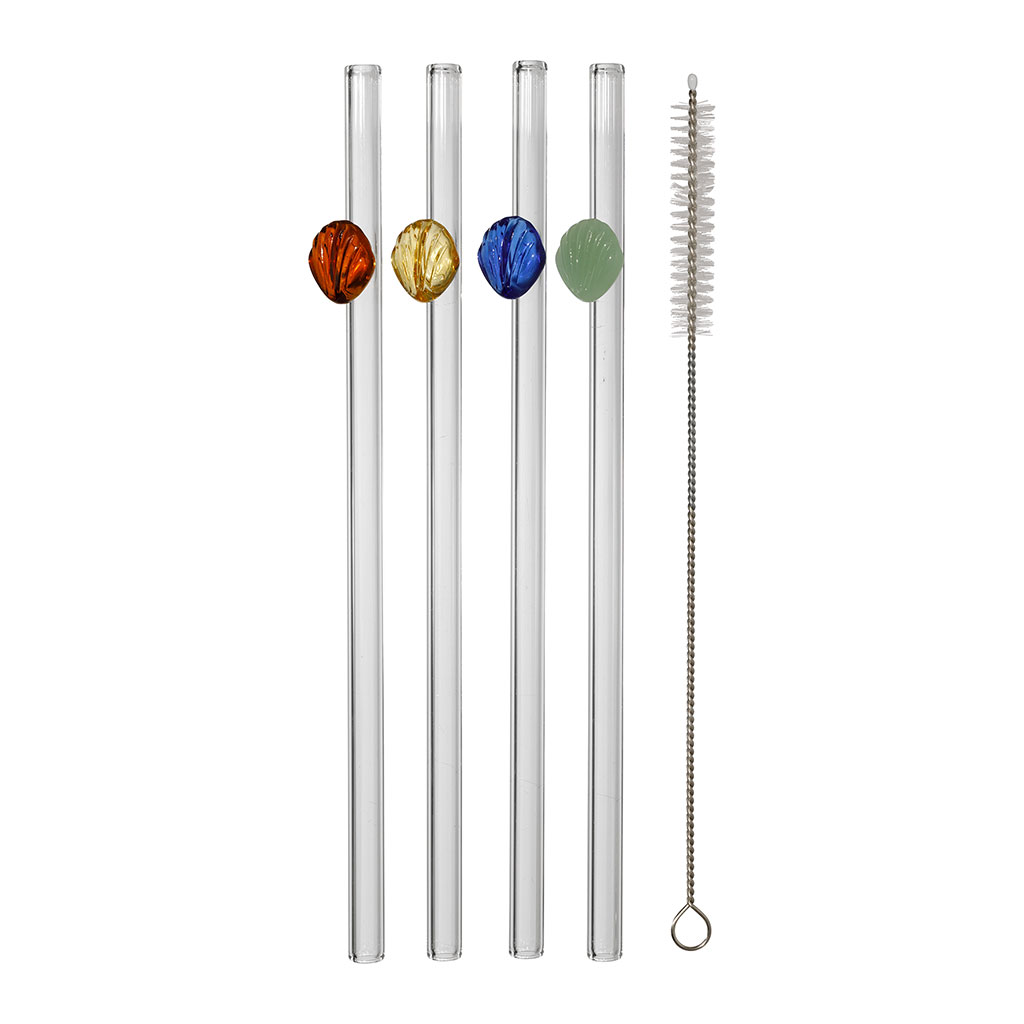 Pailles coquillage x4 en verre borosilicate multicolore avec brosse