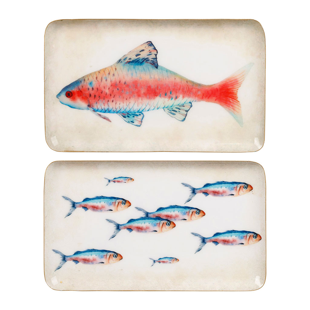 Plateaux poisson x2 en fer corail et bleu 26x16cm - Bord de mer