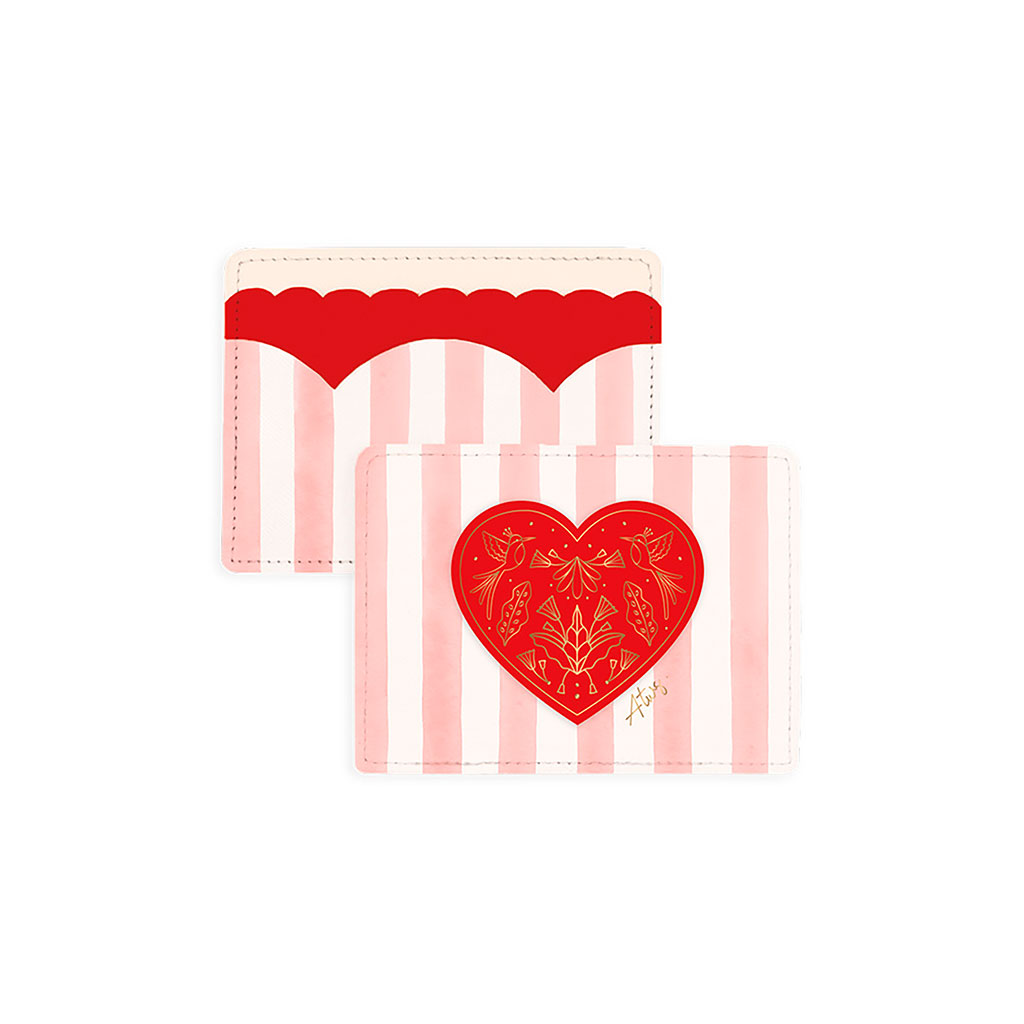 Porte-cartes cœur rayé rose et rouge