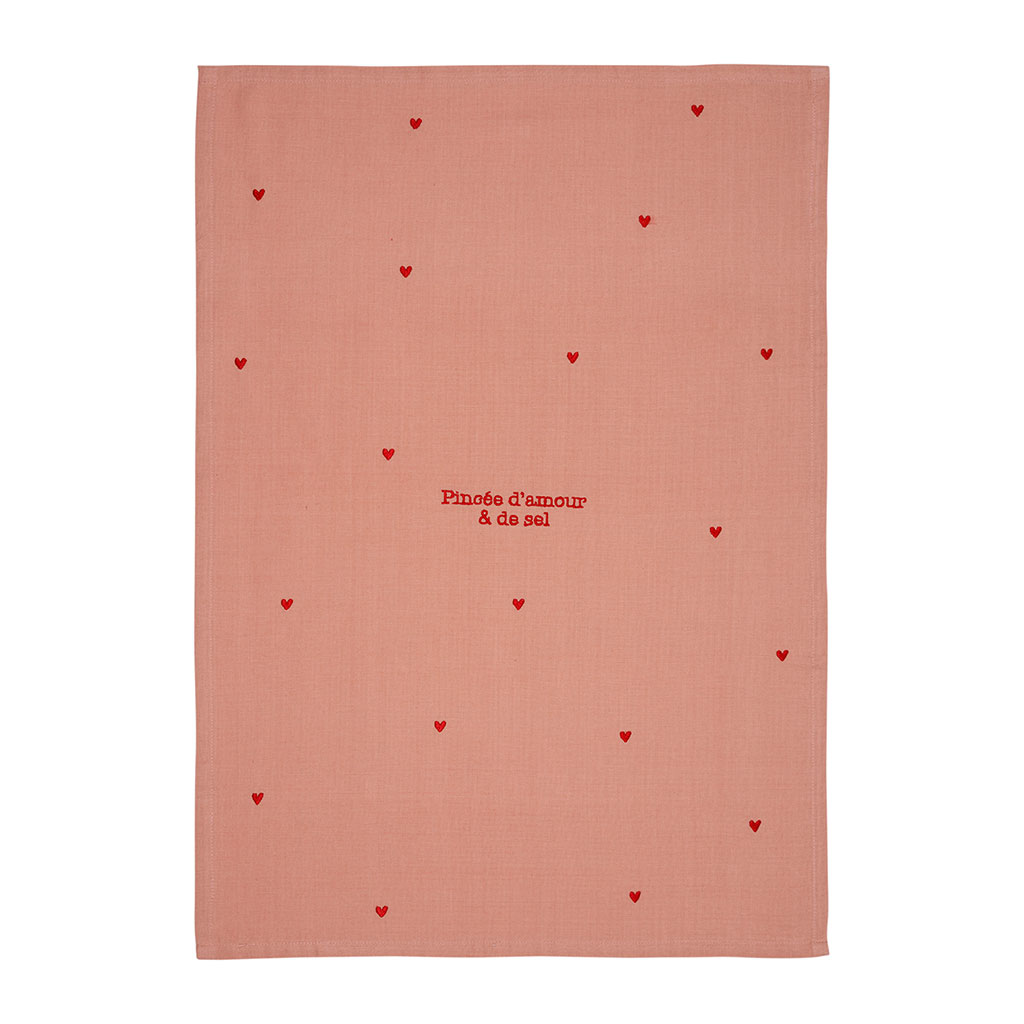 Torchon en coton rose et rouge 50x70cm - Douce amour